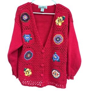 SK & Company Red Crochet Trim Knit Sweater Ramie Cotton Women's Large‎